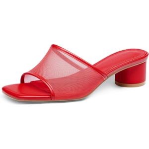 Coutgo Womens Slide Sandals Mesh Chunky Heels Mules Square Open Toe Slip On Summer Dress Shoes (6, Red)
