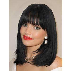FANCEE Layered Wigs with Bangs 14 Inch Short Black Glueless Ready-to-Go Straight Synthetic Bob Wigs for Women Realistic Scalp Daily Cosplay Use