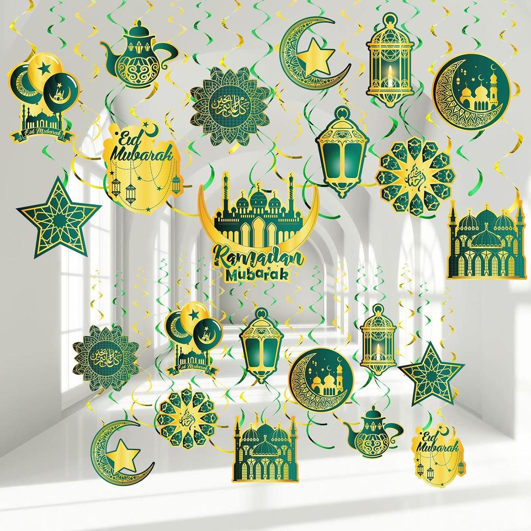 Zonon 30 Pieces Ramadan Mubarak Decorations, Eid Mubarak Hanging Swirl Shining Gold Star Moon Lantern Ceiling Foil Decor for Eid Al-fitr Party Egyptian Holiday Supplies(Dark Green and Gold)