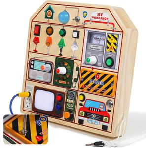 JAUNTY Montessori Wooden Busy Board for Toddlers 3 4 5 Years Old, Wooden Sensory Toddler Toys with LED Light Switches, TV Radio Telegram and Car Driving, Travel Toys Birthday for Boys Girls
