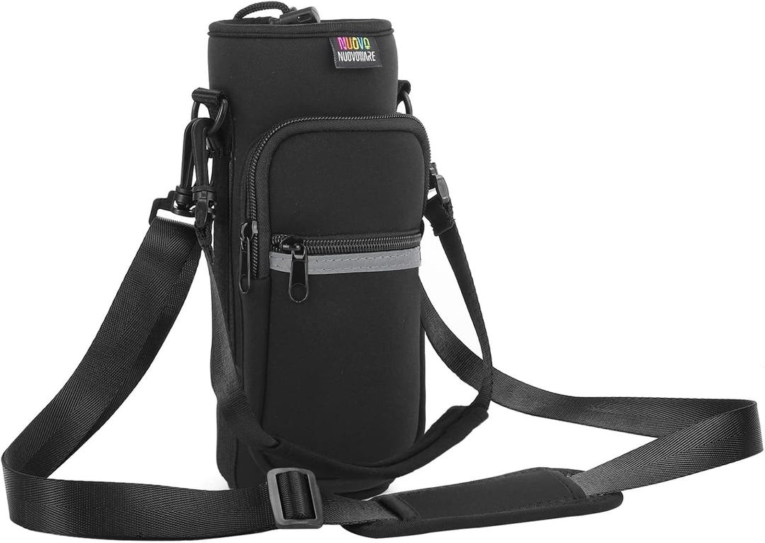 Nuovoware Water Bottle Carrier Bag,25oz/40oz/64oz Bottle Pouch Holder,Adjustable Shoulder Hand Strap 2 Pocket Sling Neoprene Sleeve Sports Accessories for Hiking Travelling Camping (Black)