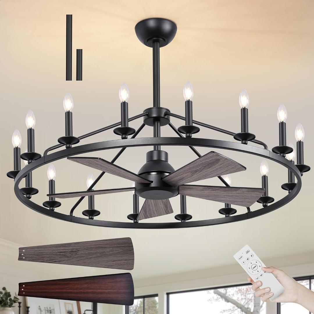 44" Wagon Wheel Chandelier with Fans, Black Wagon Wheel Ceiling Fan with 16-Lights and Remote, Farmhouse Chandelier for Living Room, Adjustable Height, 6-Speed Reversible Quiet Large Fandelier