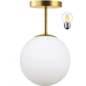Mid Century Modern Globe Semi Flush Mount Ceiling Light Fixture Frosted Glass with Gold Brass Finish,1-Light Sphere Glass Pendant Lights for Aisle Porch Stairway Closet Kitchen Laundry Room(Bulb Incl) (6 inch)