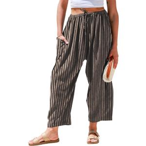TARSE Womens Linen Wide Leg Pants Casual Loose Drawstring Summer 2026 Beach Travel Vacation Palazzo Harem Pants with Pockets (X-Large, Black Khaki Striped)