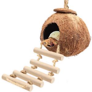 Gecko Tank Accessories Natural Coconut Shell Hut with Climbing Ladder & Suction Cup Hermit Crab Toys Reptile Hideout for Leopard Gecko Snake Lizard and Small Pets Habitat Decor