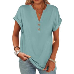 ANRABESS Womens Short Sleeve Henley Tops V Neck Dressy Casual Blouses Summer Trendy Tee Shirts 2026 Vacation Fashion Clothes (X-Large, Cadet Blue)