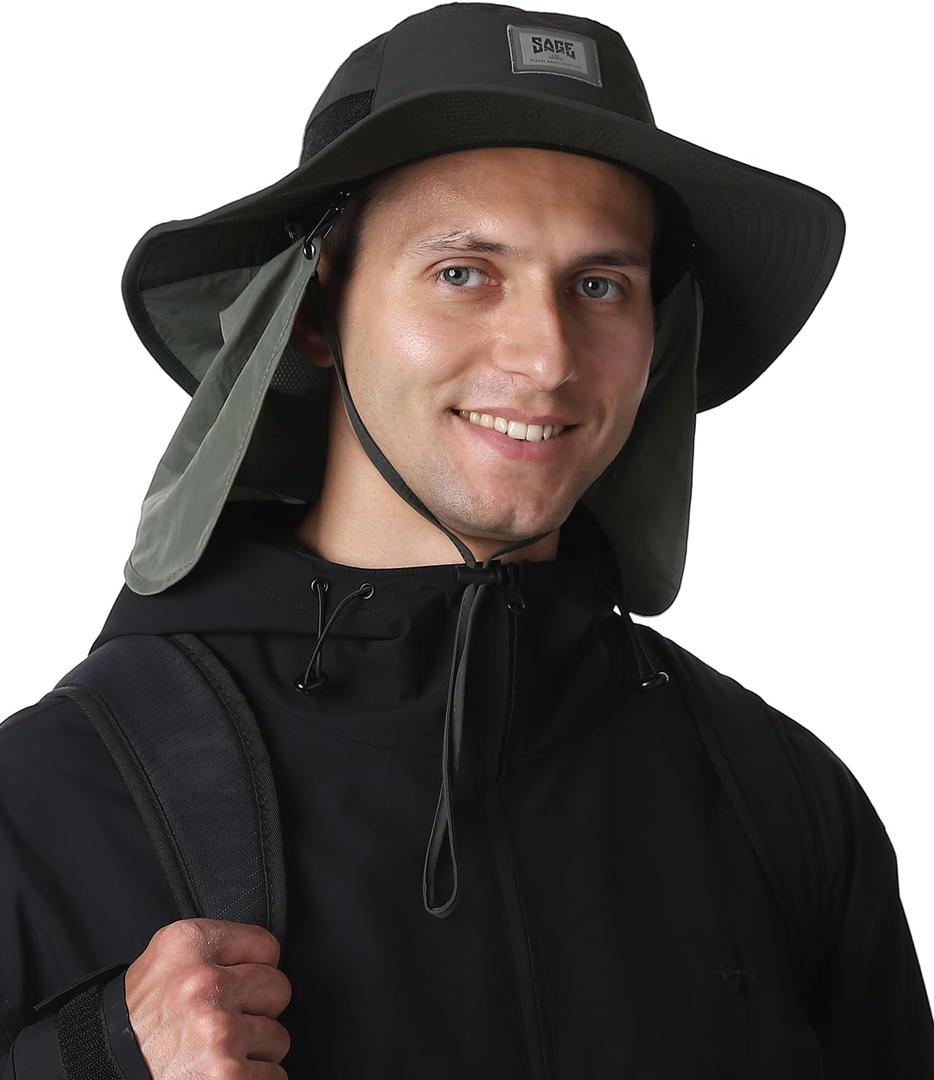 Sun Hat with Removable Neck Flap, UPF 50+ Breathable Lightweight Fishing Hat, Quick-Drying Safari Hat for Garden Hiking (One Size-Medium, Black)