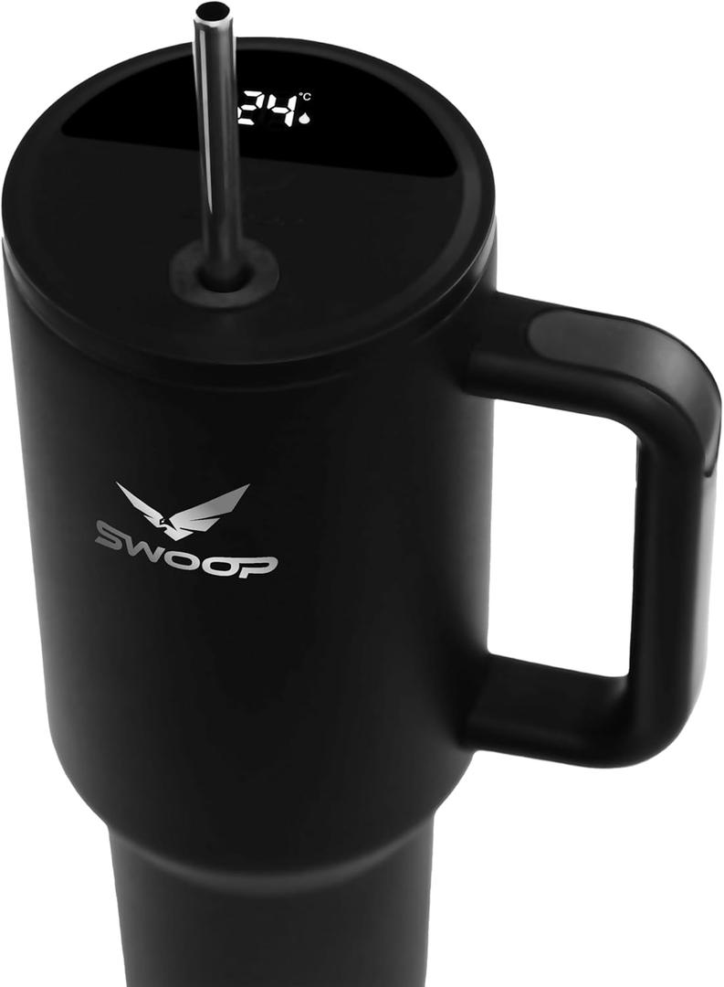 Swoop Smart Tumbler 40 oz | Stainless Steel Vacuum Insulated with Touch Screen Temperature Sensor Lid, Handle and Straw for Water, Coffee, Smoothie, Iced Tea and All Beverages (Raven Black)