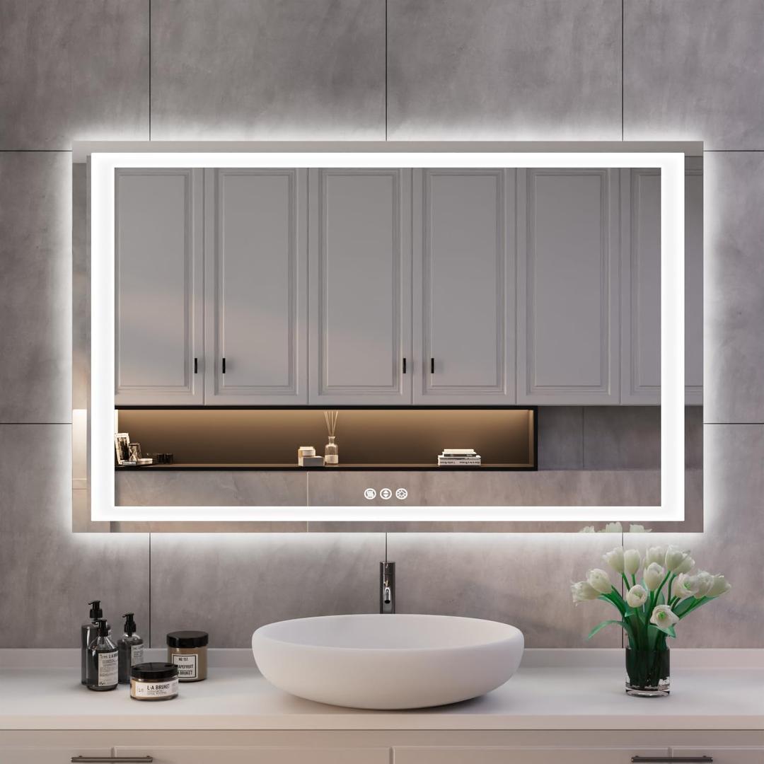 ISKM 48'' x 28' LED Mirror for Bathroom Lighted Vanity Mirror for Wall Front Lights + Backlit LED Bathroom Mirror Anti-Fog Tempered Glass ETL Listed
