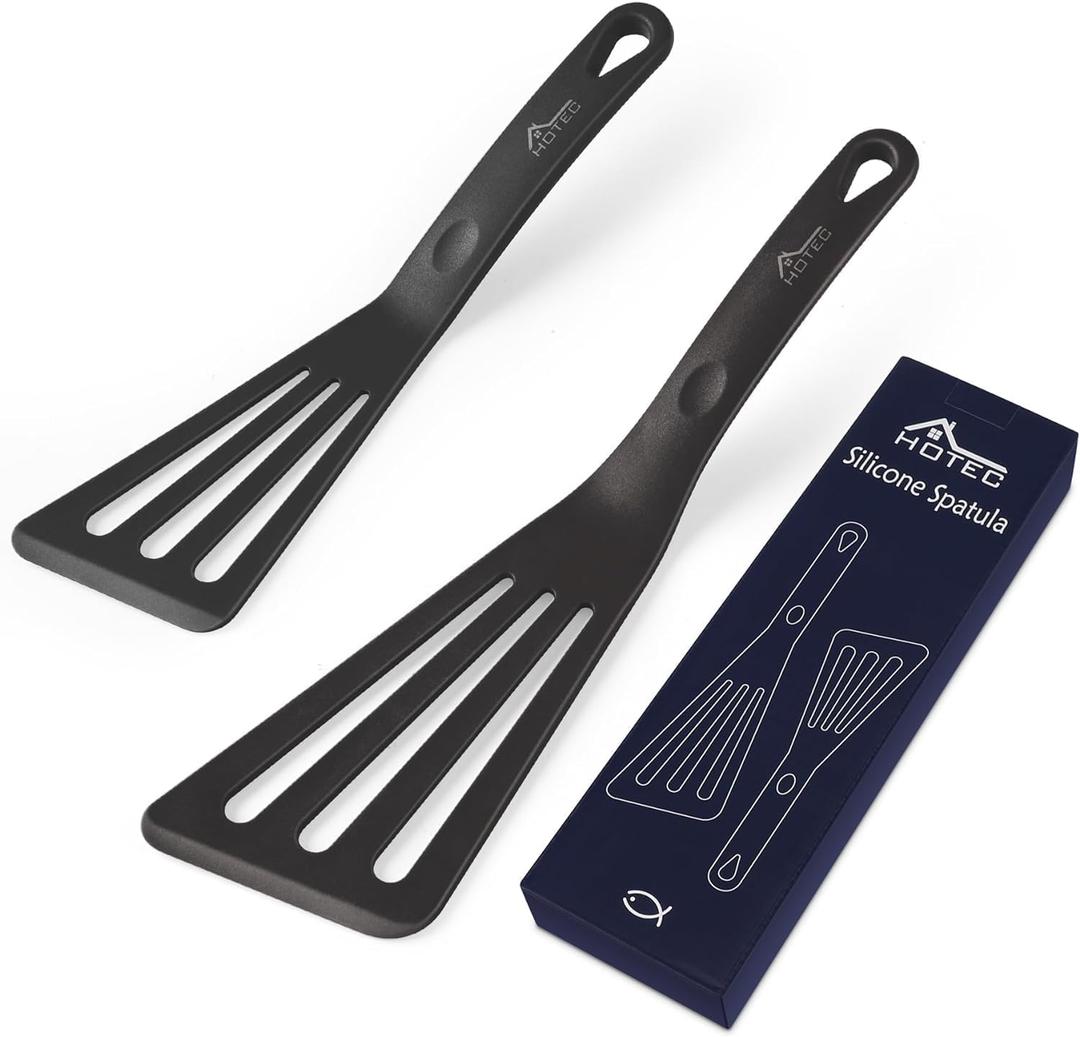 HOTEC Heat Resistant Silicone Slotted Fish Turner Spatula Set, Flipper Cooking Spatulas, for Non Stick Cookware Dishwasher Safe, Black (Black)