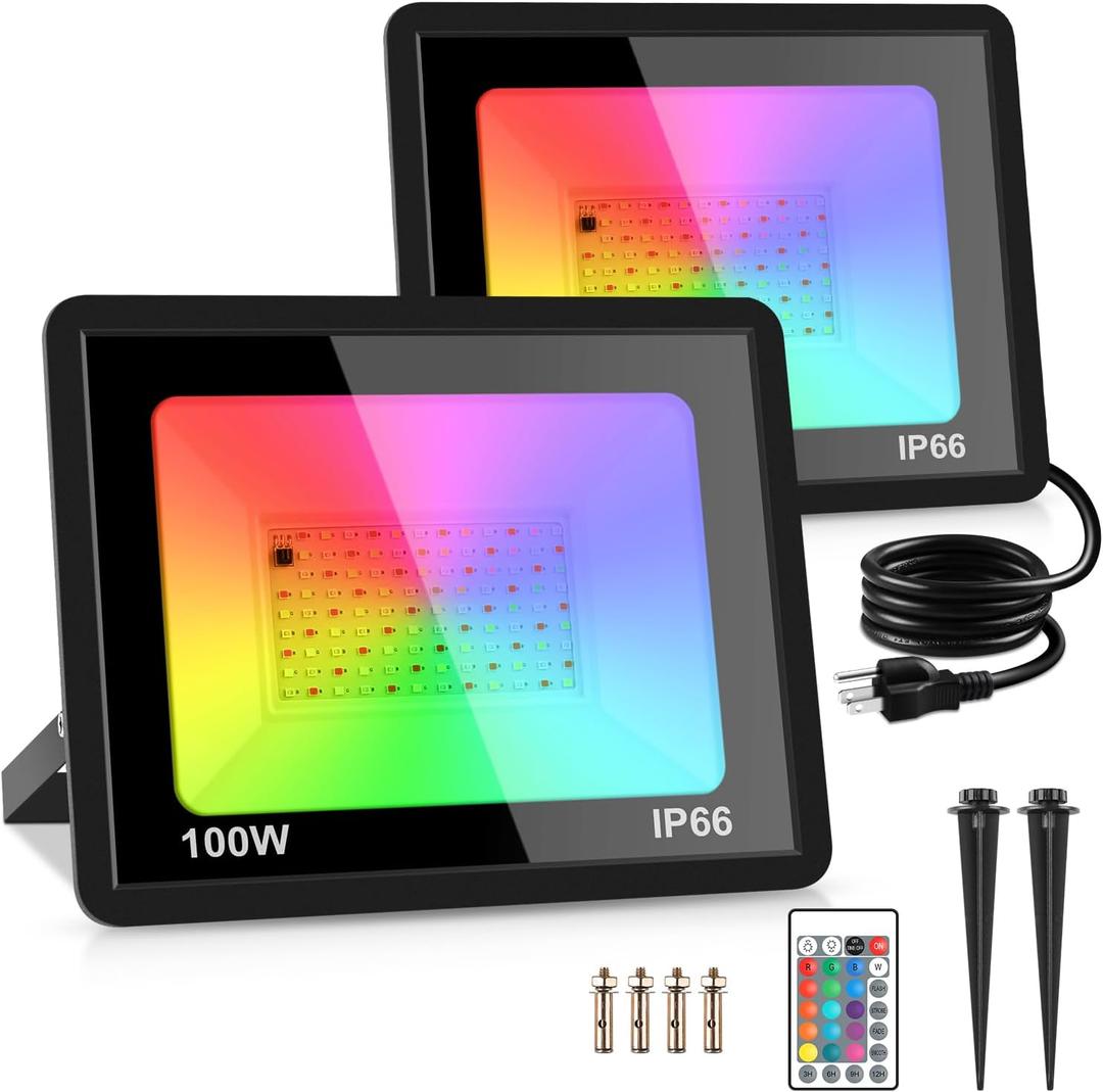 MOSFiATA 2 Pack 100W RGB LED Flood Lights, 12000LM Color Changing Smart Floodlight with Remote, Waterproof DIY Uplights for Party,Garden,Halloween Outdoor Decr