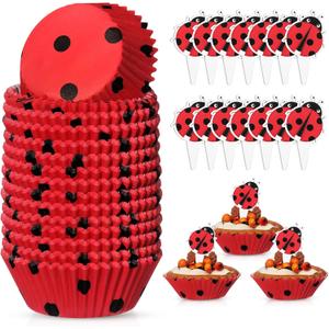 Vesici 200 Counts Cupcake Liners and 200 Counts Cupcake Toppers Round Baking Cups Greaseproof Muffin Liners for Christmas Holiday Birthday Theme Party Supplies(Ladybug)