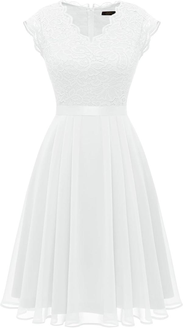 Dressystar Women's V Neck Sleeveless Lace Bridesmaid Dress Wedding Party Gown (X-Large,Short- White)