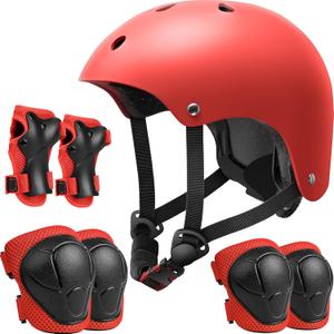 Kids Bike Helmet Set, Adjustable Helmet for Boys Girls, Toddler Pad Set with Knee and Elbow Pads for Bike, Roller, Skating, Scooter, Longboard and More Sports, Red (S: 18.9"-21.3"/2-8 years old)