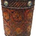 Western Tooled Saddle Leather-Look Wastebasket w/Flowers & Conchos
