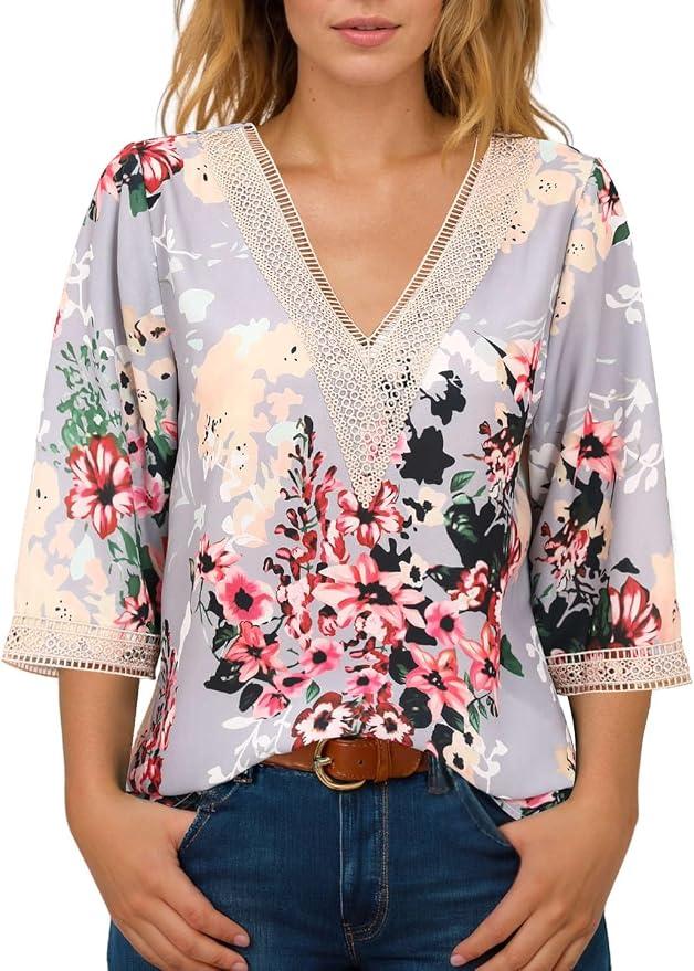 IRISGOD Womens 3/4 Length Sleeve V Neck Tops Dressy Casual Chiffon Blouse Summer Floral Bohemian 2025 Tredny Shirts, Medium