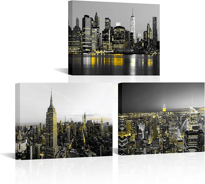 FuShvre New York City Wall Art Canvas View of Night Manhattan Skyline Pictures NYC Painting Wall Decor Prints Framed Black and Yellow