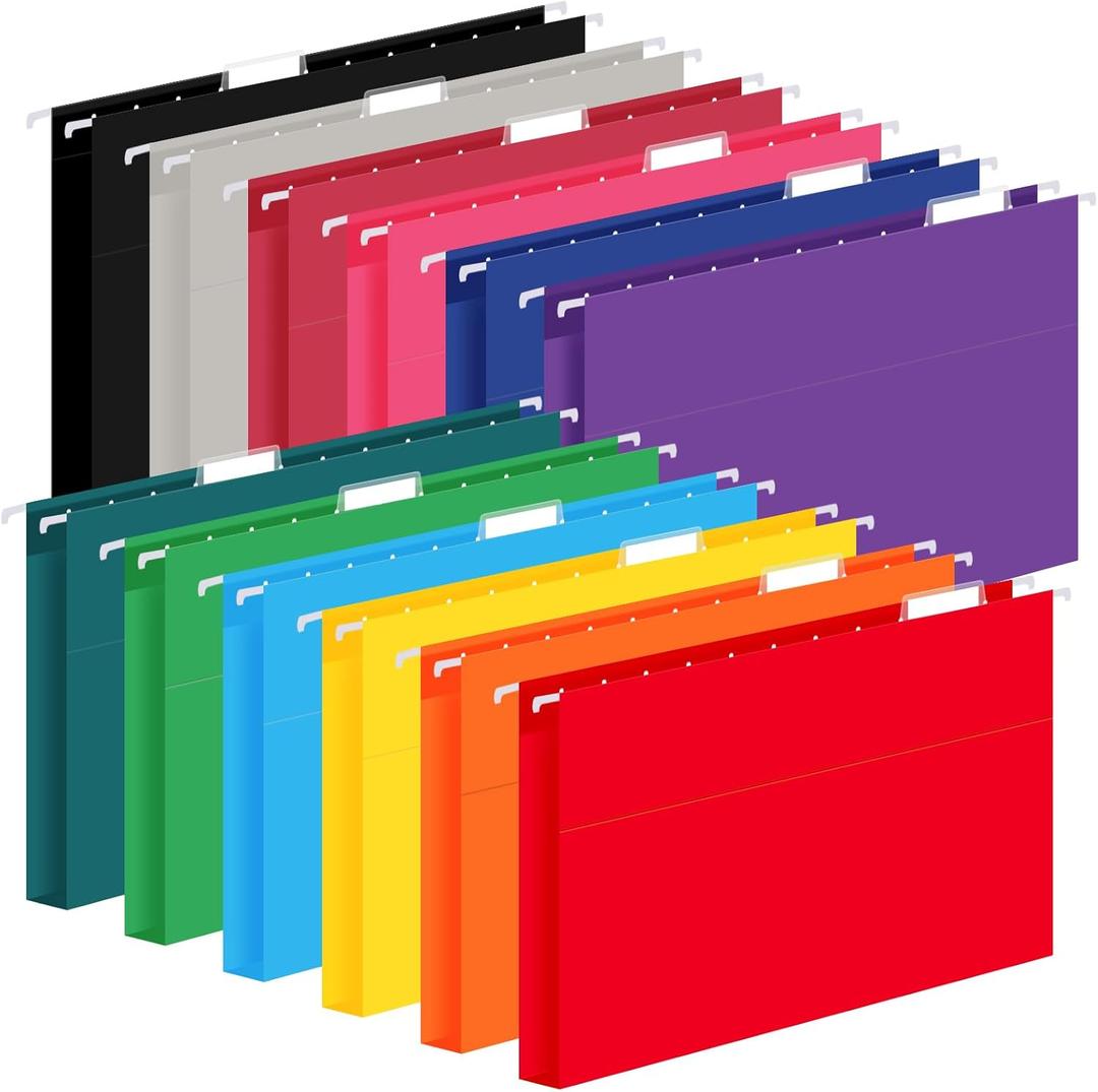 12 Pack Hanging File Folders, Letter Size with 1/5Cut Adjustable Tabs, 12 Selected Color  File Folder Organizer for Filing Cabinet Office Home, Designed for Bulky Files, Medical Charts
