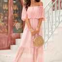 Women's Off The Shoulder Embroidered Lace Maxi Wedding Dress Boho Wedding Guest Formal Party Maternity Photoshoot Dresses (Pink, M)