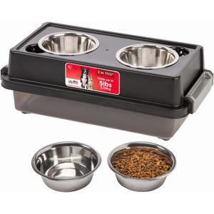 IRIS USA 2-in-1 Elevated Dog Bowls 6" H with Airtight Pet Food Storage Container Holds Up to 5 Lbs, Removable 4 Thick 16 oz Stainless Steel Bowls, at Home or Camping Pet Dish Bowl Set, Smoke/Black