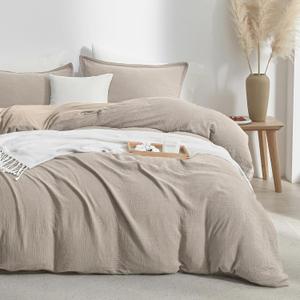Bailix Muslin Duvet Cover Set King Size, 100% Washed Cotton Gauze Duvet Cover for All Seasons, Linen Like, 3 PCS, 1 Fluffy Duvet Cover(104"x90") with 2 Pillow Shams(20"x36"), Oatmeal
