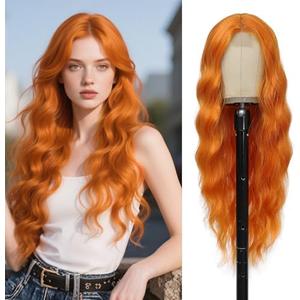 Angzon Orange Wig 26 Inch Long Wavy Wig for Women - Heat Resistant Synthetic Hair Middle Part Curly Wig Natural Look for Daily Party Cosplay Costume Use