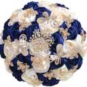 Handmade Wedding Flowers Bouquet Round Holding Bridal Bouquet Toss Artificial Rose Bunch for Bride Bridesmaid Wedding Quinceanera (Navy Blue & Cream, 7.5") Small (Dia. 7.5"/19cm)