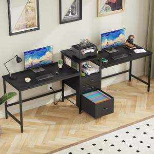 93'' Two Person Desk with Charging Station, Long Desk with 3 Drawers and Printer Shelf, Double Computer Desk, Fabric Drawers, 2 Person Writing Study Table Workstation for Home Office, Black