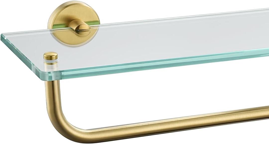 JQK Bathroom Glass Shelf, Shelf with 16 Inch Towel Bar Tempered Glass Shower Storage 16 by 5 inches, 304 Stainless Steel Brushed Gold Wall Mount, TGS100-BG JQK Bathroom Glass Shelf, Shelf with 16 Inch Towel Bar Tempered Glass Shower Storage 16 by 5 inches, 304 Stainless Steel Brushed Gold Wall Mount, TGS100-BG