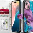 FUNMIKO for iPhone 13 Mini Case Wallet,Detachable Flip Folio Leather Cover,RFID Blocking 4 Card Slots Holder,Magnetic Kickstand,Protective Phone Shell for Women Girls 5.4",Teal Purple Marble