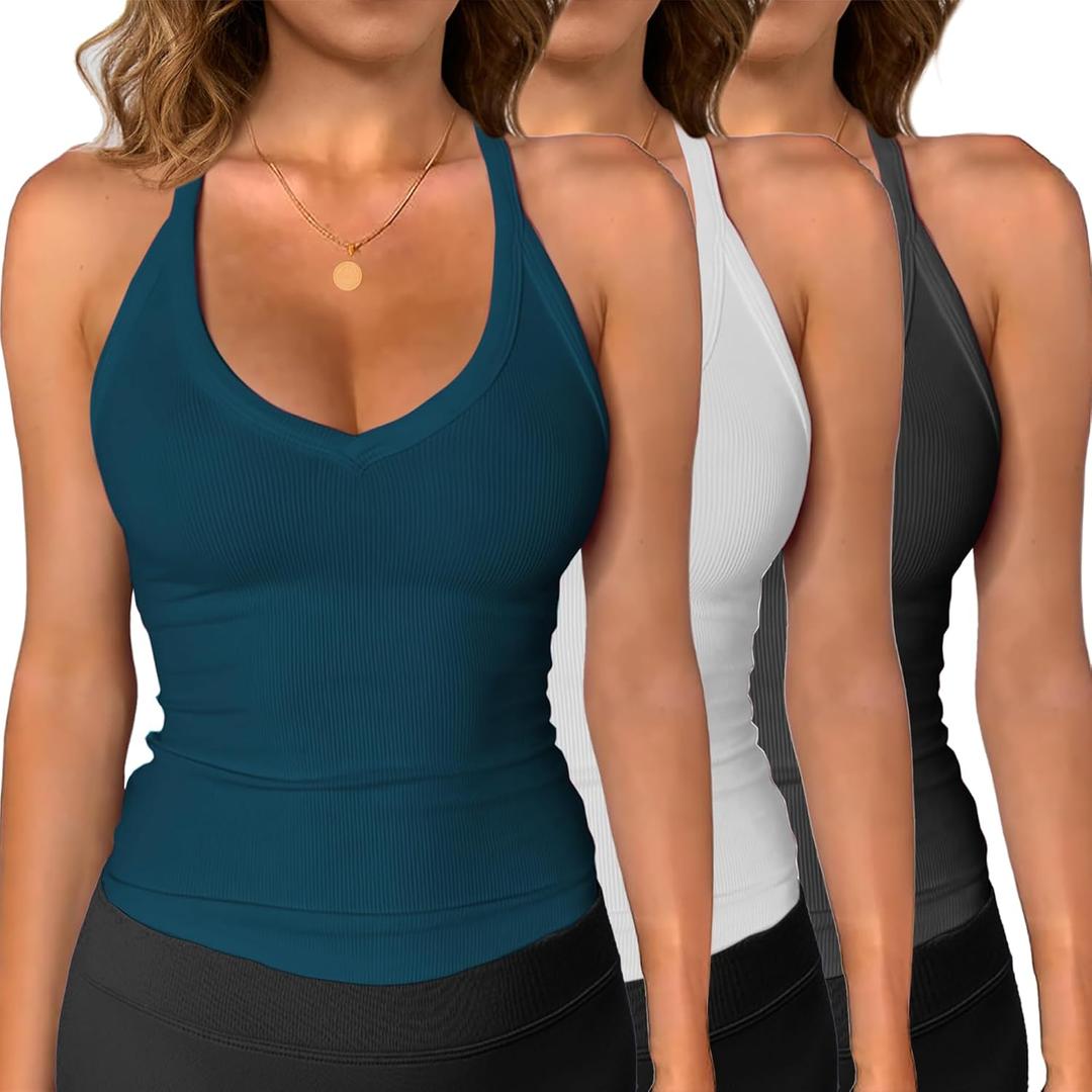 iGENJUN 3 Pack Workout Tops for Women Racerback Basic Tank Summer 2025 Camisole V Neck Slim Fit Ribbed Sleeveless (Large, Black White Teal)