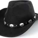 Eohak Womens Western Cowboy Hats Studded Pinched Western Cowgirl Hats Wide Brim Fedoras Hat with Belt Buckle (Size:Medium) (Black)