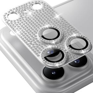 Hoerrye Bling Diamond Camera Lens Protector for iPhone 17 Pro - [1:1 Full Coverage][Strong Adsorption] 9H+ Tempered Glass Screen Protective Cover Case Friendly, Glitter Silver