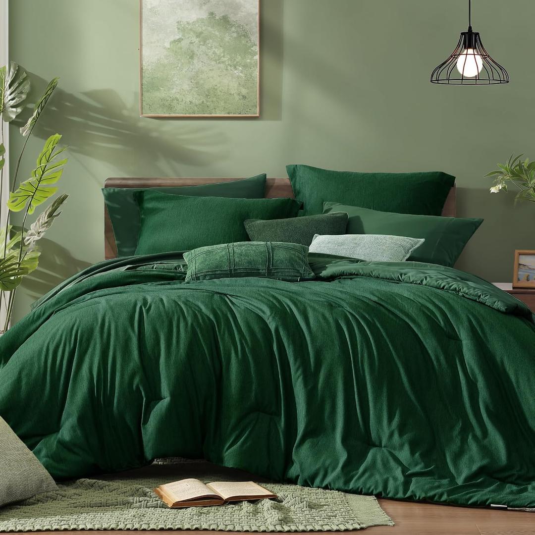 Monbix Full Size Comforter Set, Emerald Green Bedding Comforter for Full Size Bed Set Reversible, Bedding Sets Full 7 Pieces, Cationic Dyeing Bed in a Bag with Comforter, Sheets, Pillowcases & Shams