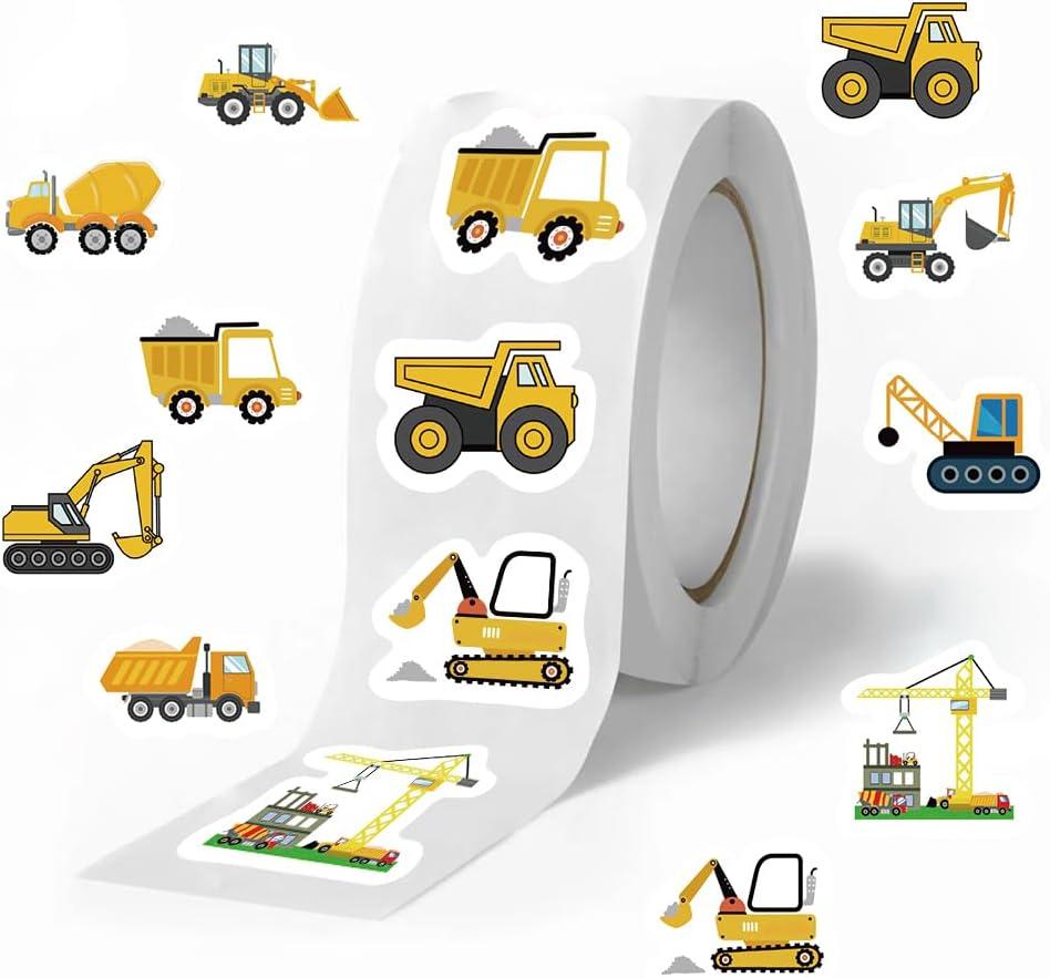 500PCS Construction Stickers Roll 10 Styles Envelope Seals Sticker Cartoon Truck Stickers for Kids Excavator Stickers Construction Themed Party Favors(500 Per Roll)