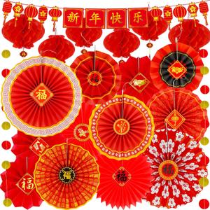 Winlyn 20 Pcs Bulk Chinese New Year Party Decorations Chinese Red Lanterns Oriental Hanging Lucky Paper Fans New Year Banner for Asian Lunar New Year The Year of Snake Festival Wedding 2025 Decor