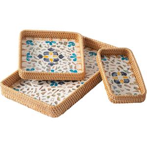 Set of 3 Rectangle Rattan Trays for Decor, Wicker Serving Tray Boho, Hand-Woven from Natural Rattan with Mother of Pearl Inlay, Vintage Woven Decorative Table Trays for Kitchen Counter, Dining Table (Bohemian)