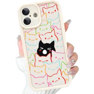 Cute Case for iPhone 16 Plus Case with Coloful and Black Cats Cat Pattern Design for Women Girls Boys, Aesthetic Kawaii Animal Soft Bumper Drop Protection Protective Phone Cover, White