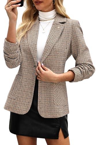ELLEVEN Plaid Blazers for Women Business Casual Tweed Outfits One-Button Long Sleeve Boyfriend Suit Jacket Houndstooth Fall Work Office Dressy Professional Light Brown Houndstooth X-Large