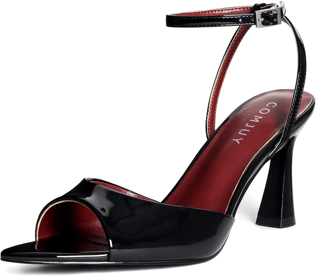High Heels for Women Peep Pointed Toe Kitten Heeled Sandals Strappy Flared Heels Elegant Leather Sandals Comfortable Chic Summer Prom Wedding Sexy Dress Shoes Size 9.5