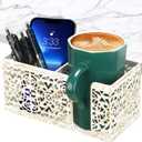 Desk Organizer with Clip, Cup, Pencil, Phone Holders & Beverage Storage for Office, School, Home (White + Gold)
