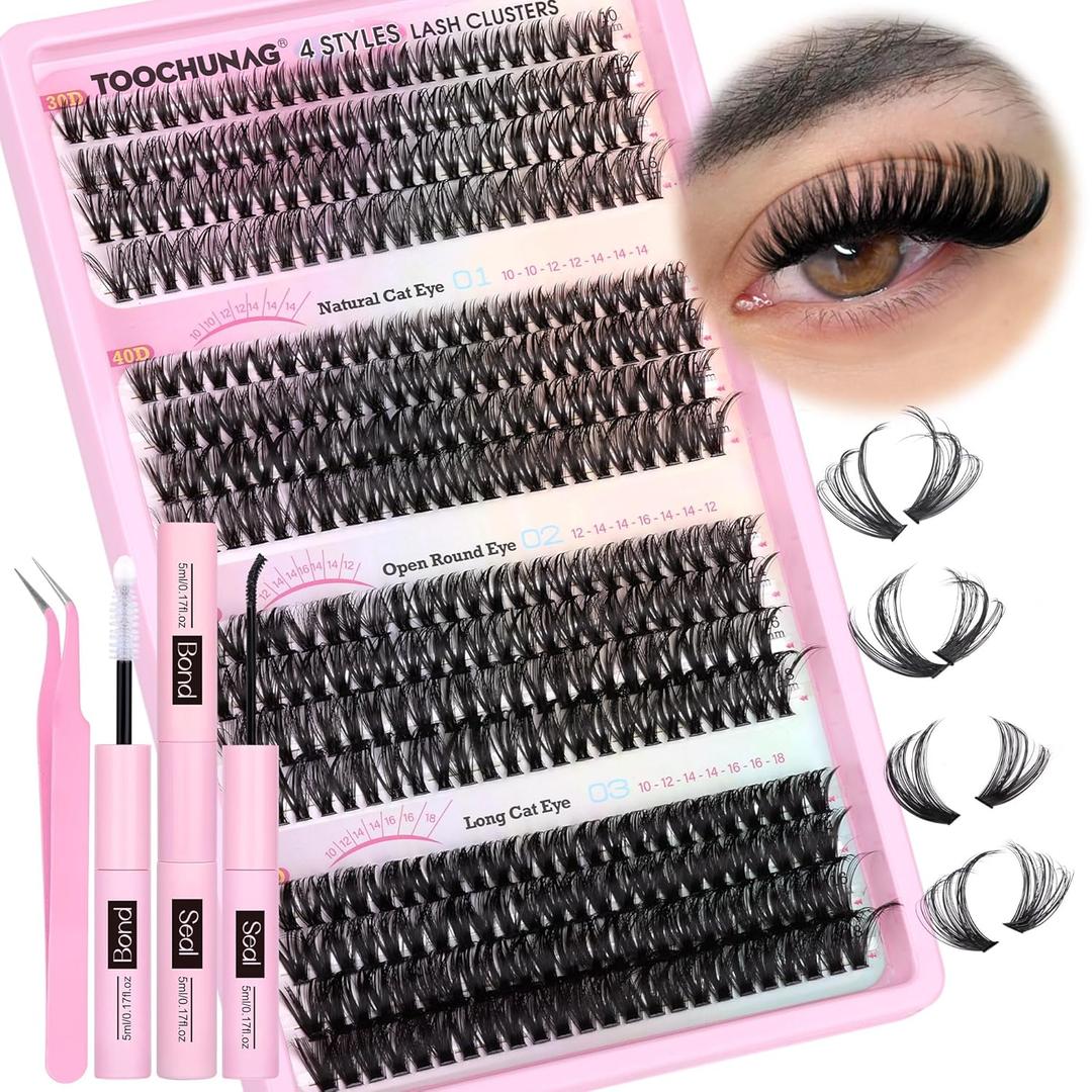 TOOCHUNAG Lash Extension Kit 384pcs Wispy Lash Clusters Kit 30D+40D+50D+60D Mixed Natural Cluster Eyelash Extension Kit 0.05D Individual Lashes with Lash Bond and Seal, Lash Tweezers