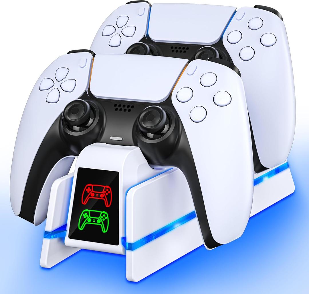 PS5 Controller Charger Station for PlayStation 5 Dualsense/Dualsense Edge,Charging Station with 10 LED Light, PS5 Controller Accessories Charging Dock, White