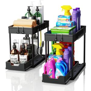2 Pack Under Sink Organizers and Storage, 2-Tier Sliding Cabinet Basket Organizer with Hooks, Multi-Purpose Under Sink Organizers and Storage for Bathroom Kitchen