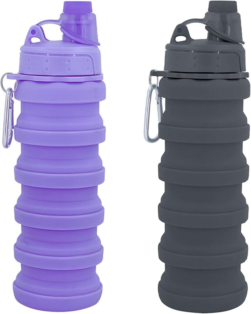 Collapsible Water Bottles Travel water bottle Sports Portable Sport Water Bottle Reusable Water Bottles Comes With Mountaineering Buckle 500Ml Silicone Water-Proof Camping Water Bottle (Purple+Grey)