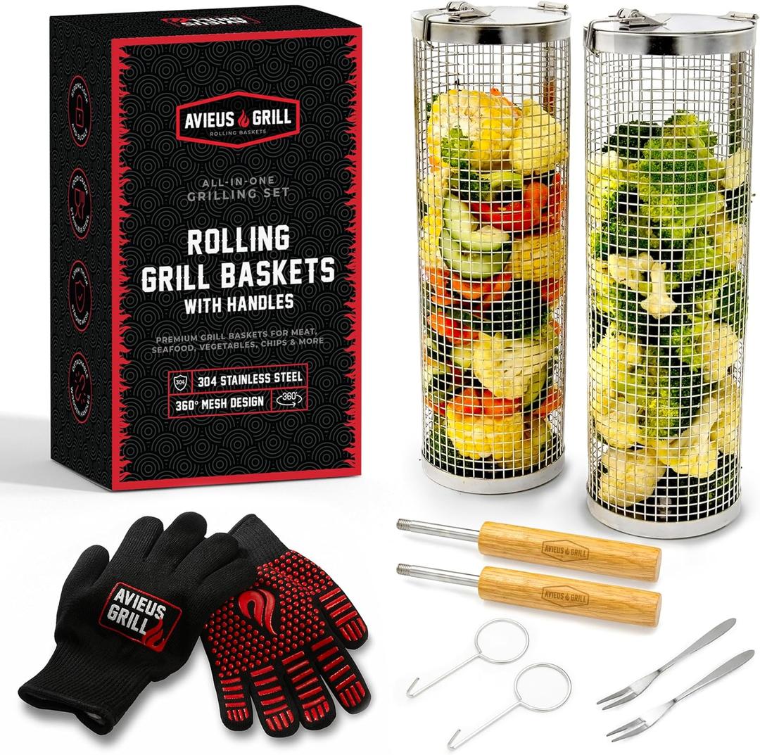 AVIEUS Grill Rolling Grill Basket | Rolling Grilling Baskets for Outdoor Grilling 2 Pcs | Barbecue Grill Set with BBQ Gloves | Portable Camping Net Rack Perfect for Vegetables, Seafood & Meat