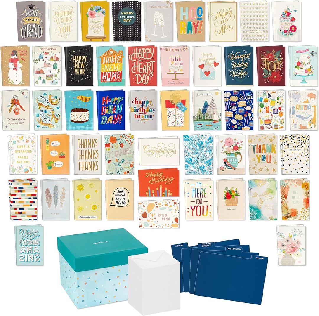 Hallmark All Occasion Boxed Set of Assorted Blank Greeting Cards with Card Organizer (Pack of 100)Birthday, Thank You, Congratulations, Wedding, Baby, Thinking of You, Sympathy