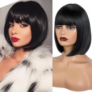 MYQUEEN Short Bob Wigs With Bangs 12 Inch Jet Black Straight Hair Daily Costume Wig for Women Soft Light Synthetic Hair Replacement Wigs Heat Resistant