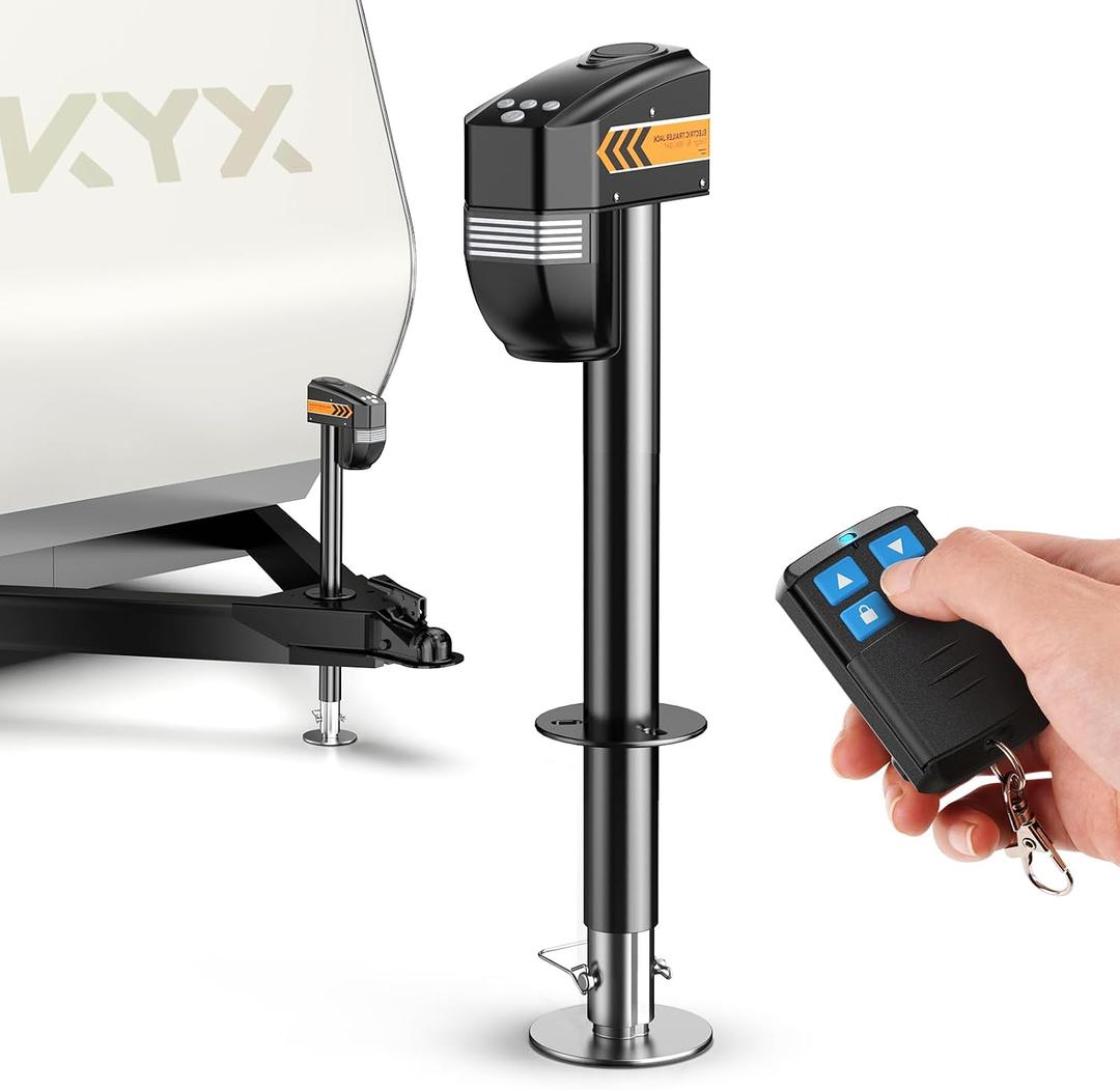 KYX Electric Jack 5000/7500lb, with Remote, Heavy Duty RV Electric Tongue Jack, 9.84"-33.85" Lift, Manual Crank Handle & Jack Cover for RVs & Travel Trailers, Black