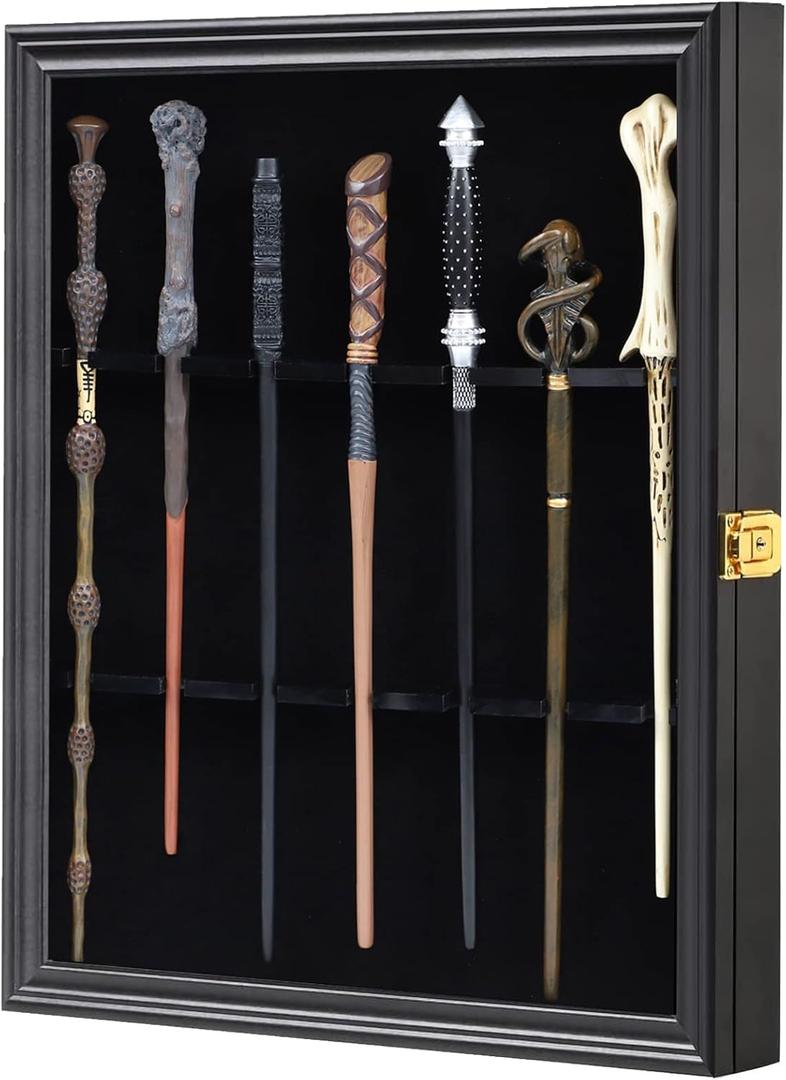 7 Wands Display case Universal Wizard Magic Wand Stand Wall Mount Lockable Wood magiquest Wand Vertical Hanging Holder Box Rack for Wand Collection (Small)